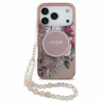 Husa originala pentru Apple iPhone 17 Pro - Guess IML Flowers Pearl Strap MagSafe GUHMP17LHFWBRCESP, Roz